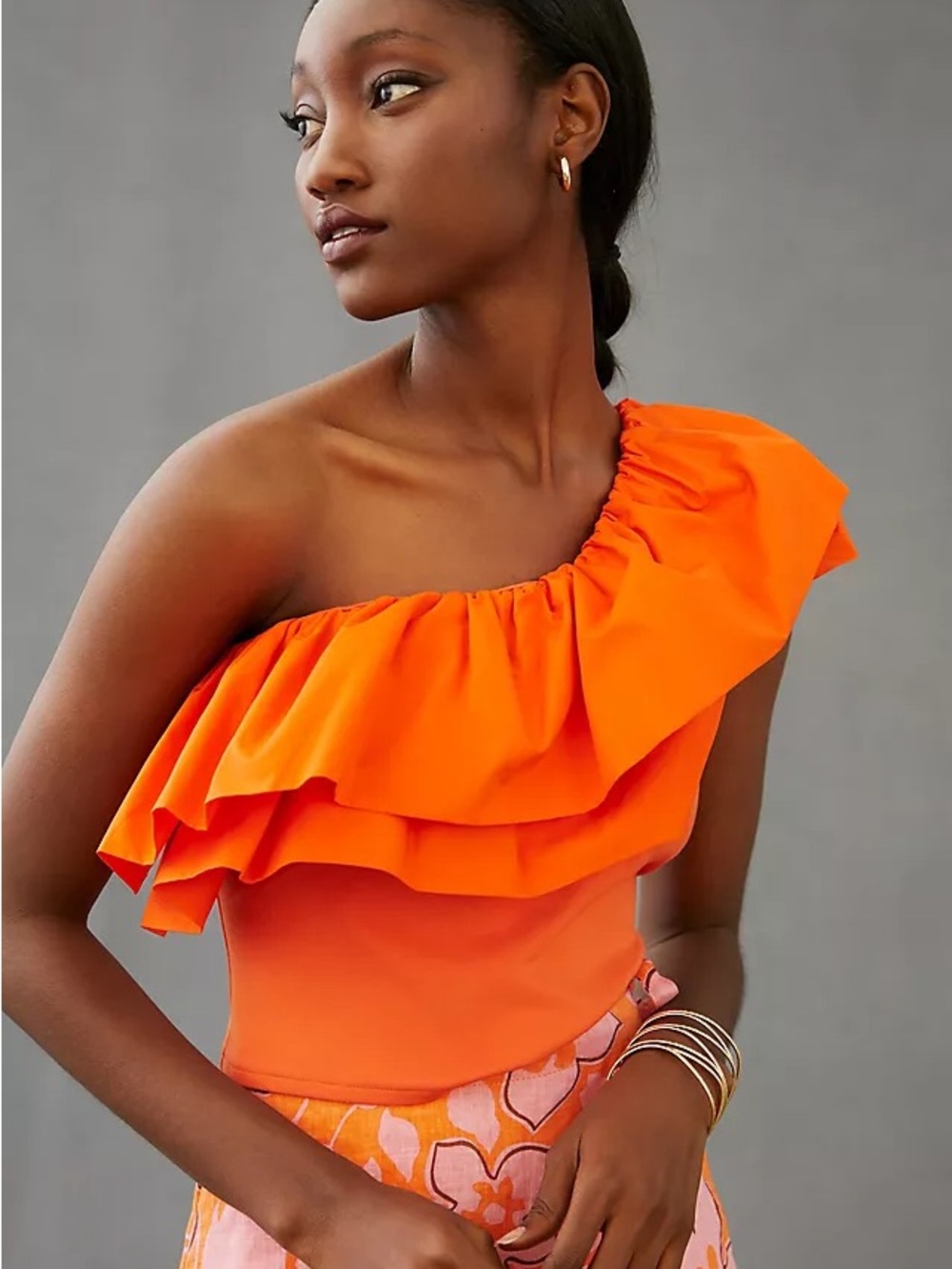 Sunday in Brooklyn One-Shoulder Ruffle Crop Top - Bright Orange